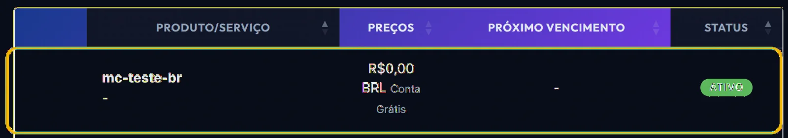 Lista de serviços da Área do Cliente com o servidor de Minecraft destacado