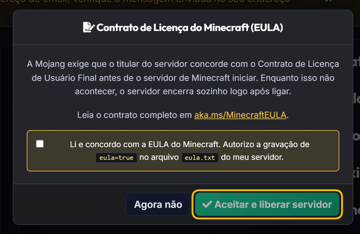 Janela da EULA do Minecraft na Área do Cliente com o botão Aceitar e liberar servidor destacado