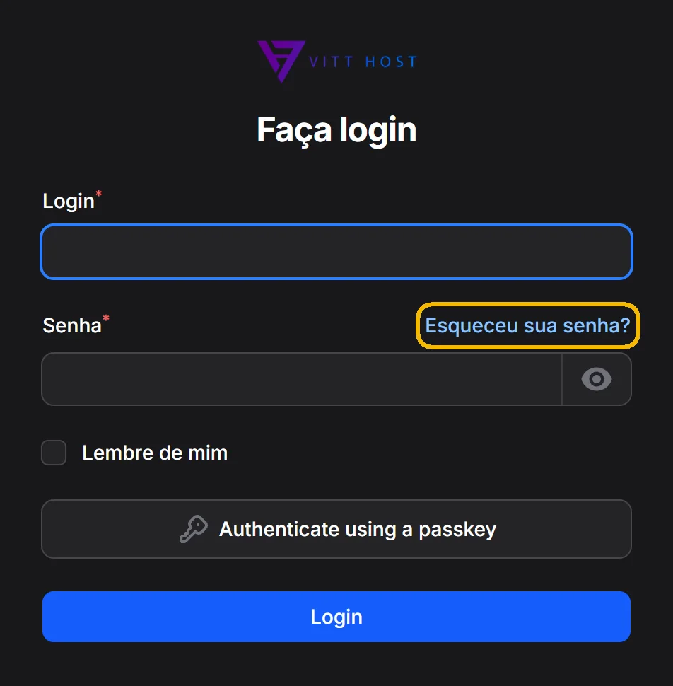 Tela de login do painel Pelican com o link Esqueceu sua senha destacado