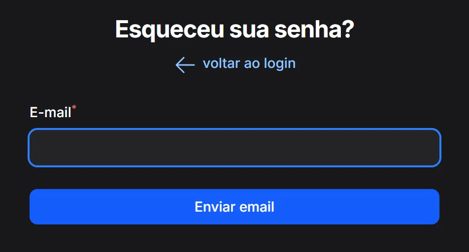 Tela Esqueceu sua senha do painel Pelican, com o campo de e-mail e o botão Enviar email