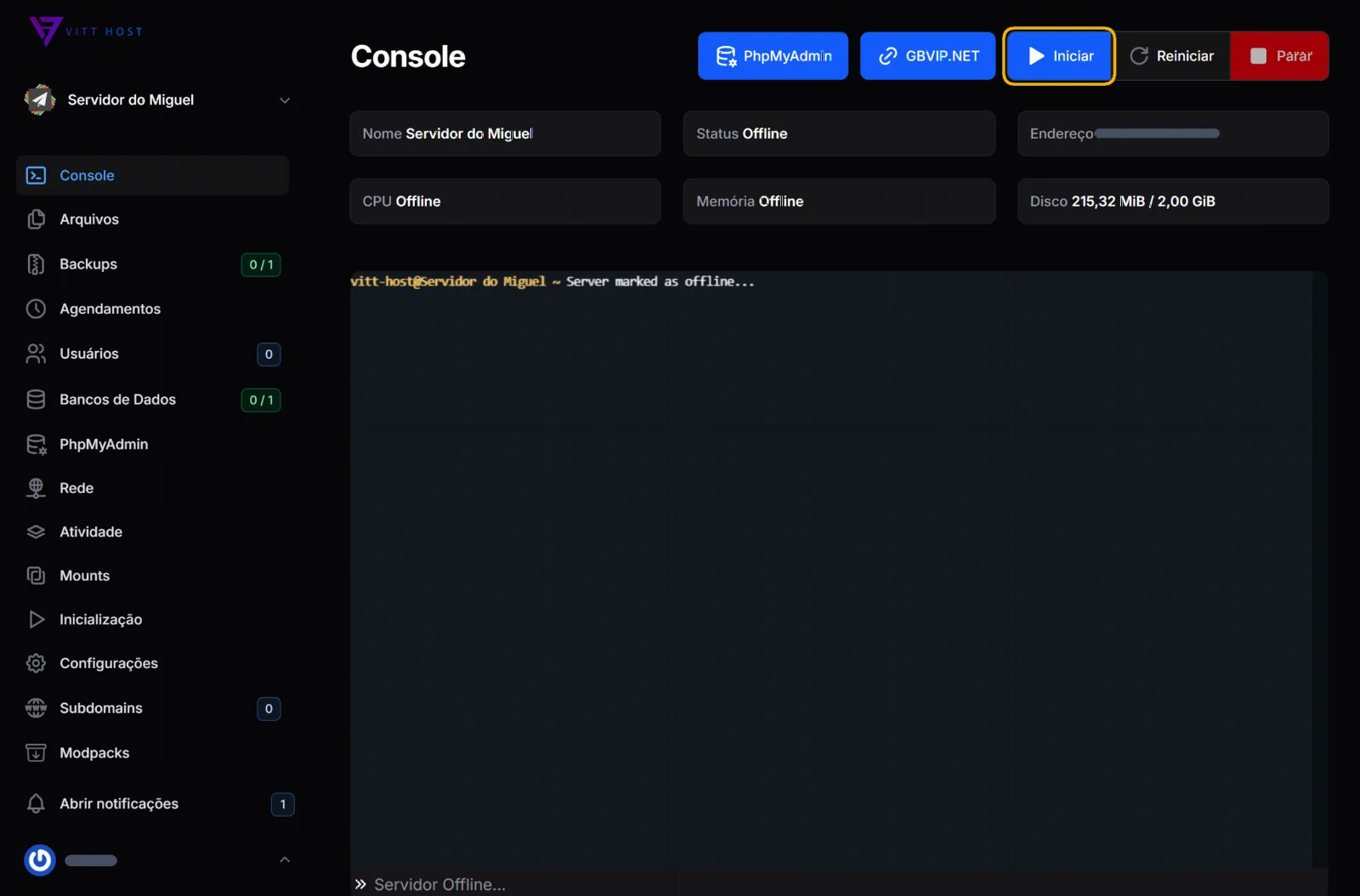 Console do painel Pelican com o botão Iniciar destacado