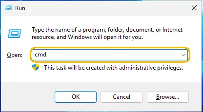 Janela Executar do Windows com cmd digitado e o aviso de privilégios de administrador destacado
