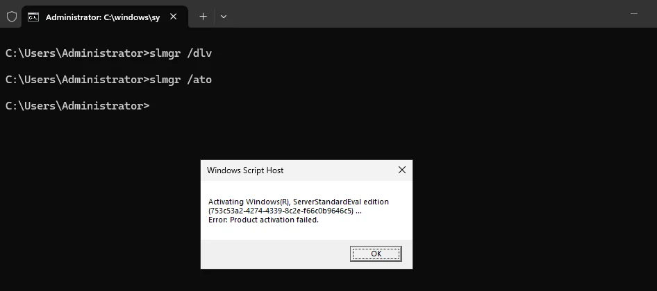 slmgr /ato respondendo Product activation failed na edição de avaliação