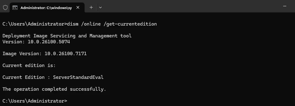 DISM Get-CurrentEdition mostrando ServerStandardEval