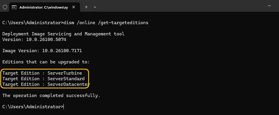 DISM Get-TargetEditions listando ServerStandard e ServerDatacenter